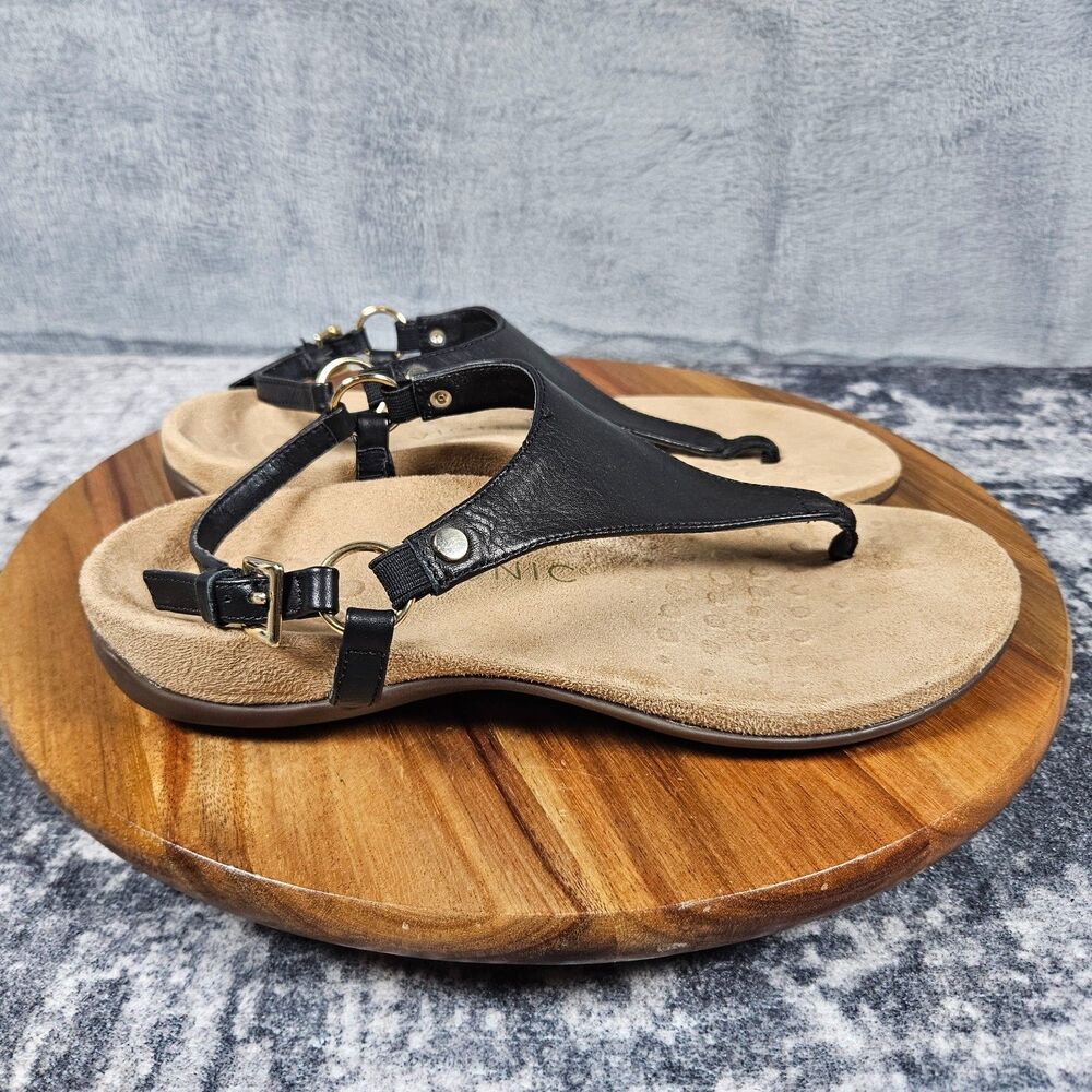 Vionic Kirra Sandals Womens 7 Wide Black Leather Thong Slingback Flat Comfort